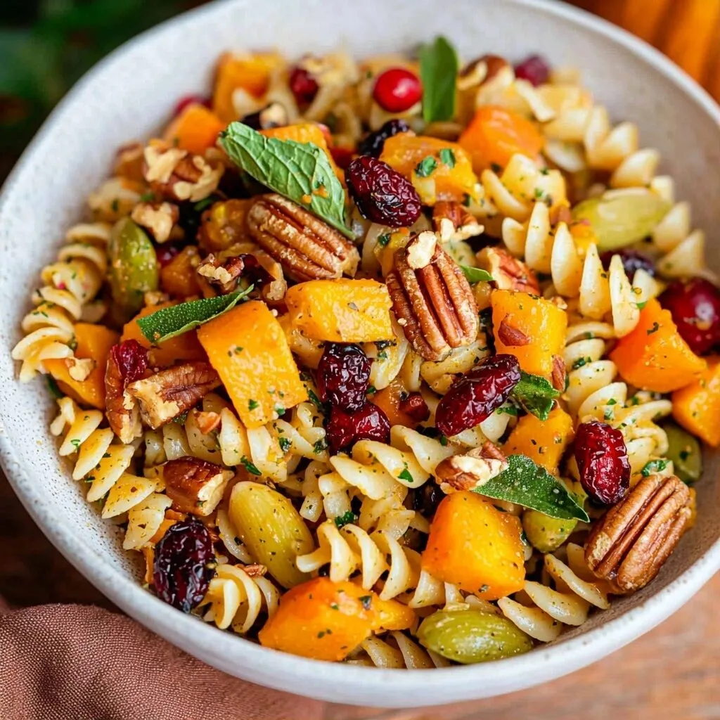 Pasta Salad with Roasted Pumpkin, Pecans, and Cranberries