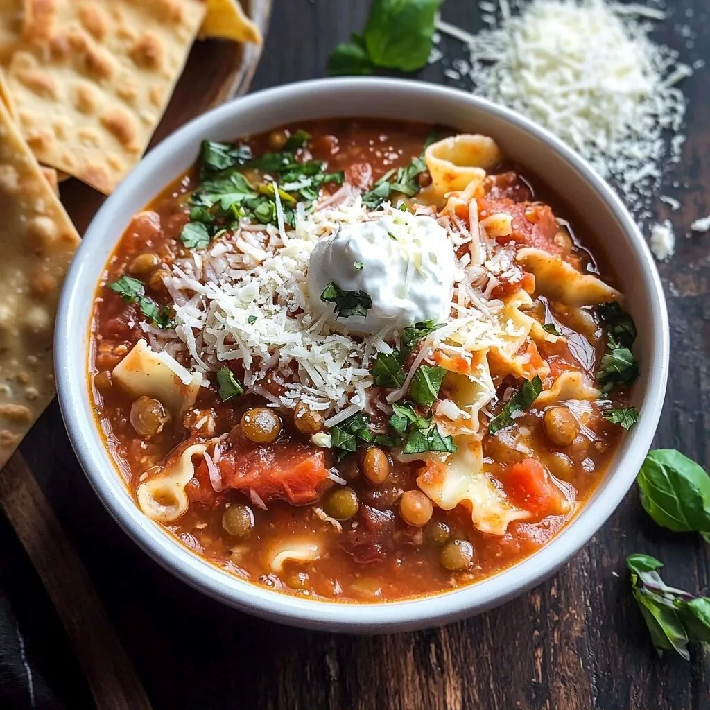 Slow Cooker Vegetarian Lentil Lasagna Soup