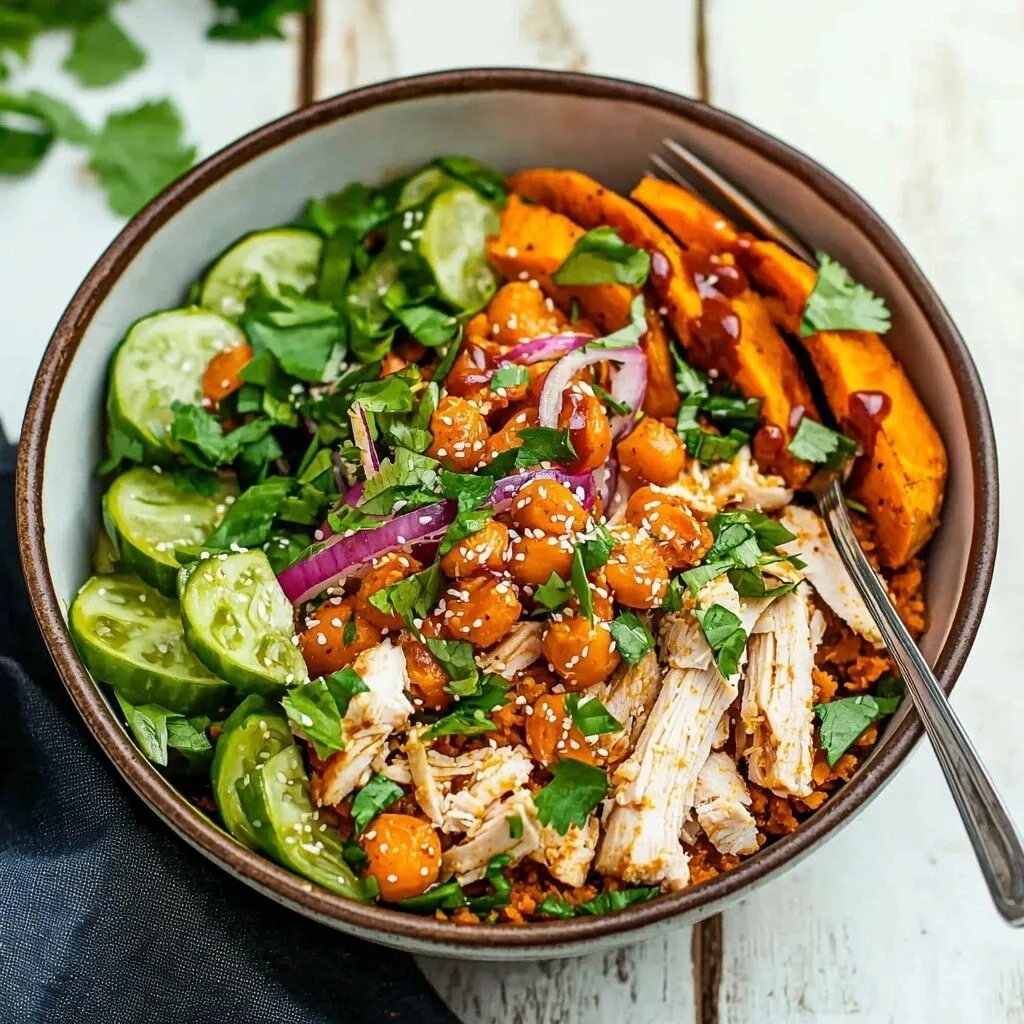 Spicy Sweet Potato Bowls with Shredded Chicken