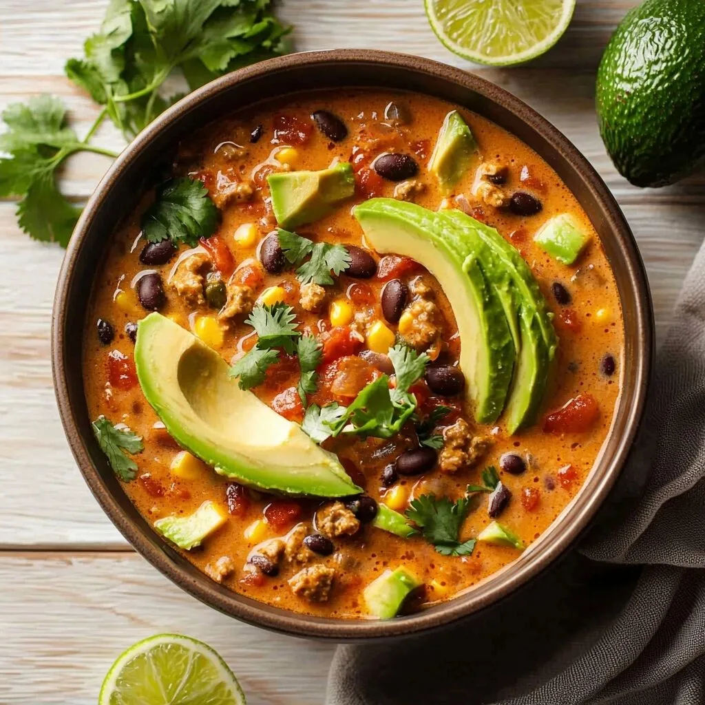 Creamy Taco Soup with Avocado and Lime