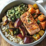 Healthy Salmon Rice Bowl Recipe with Roasted Veggies