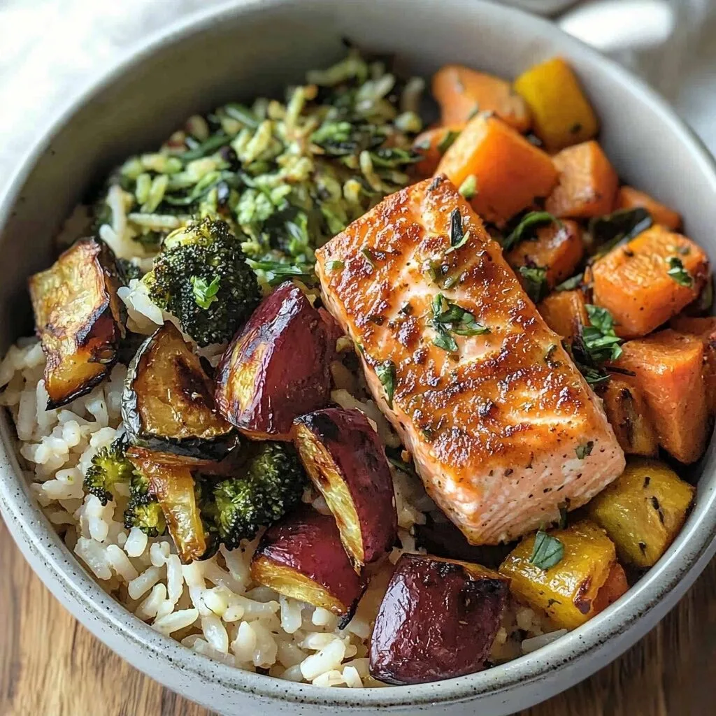 Healthy Salmon Rice Bowl Recipe with Roasted Veggies