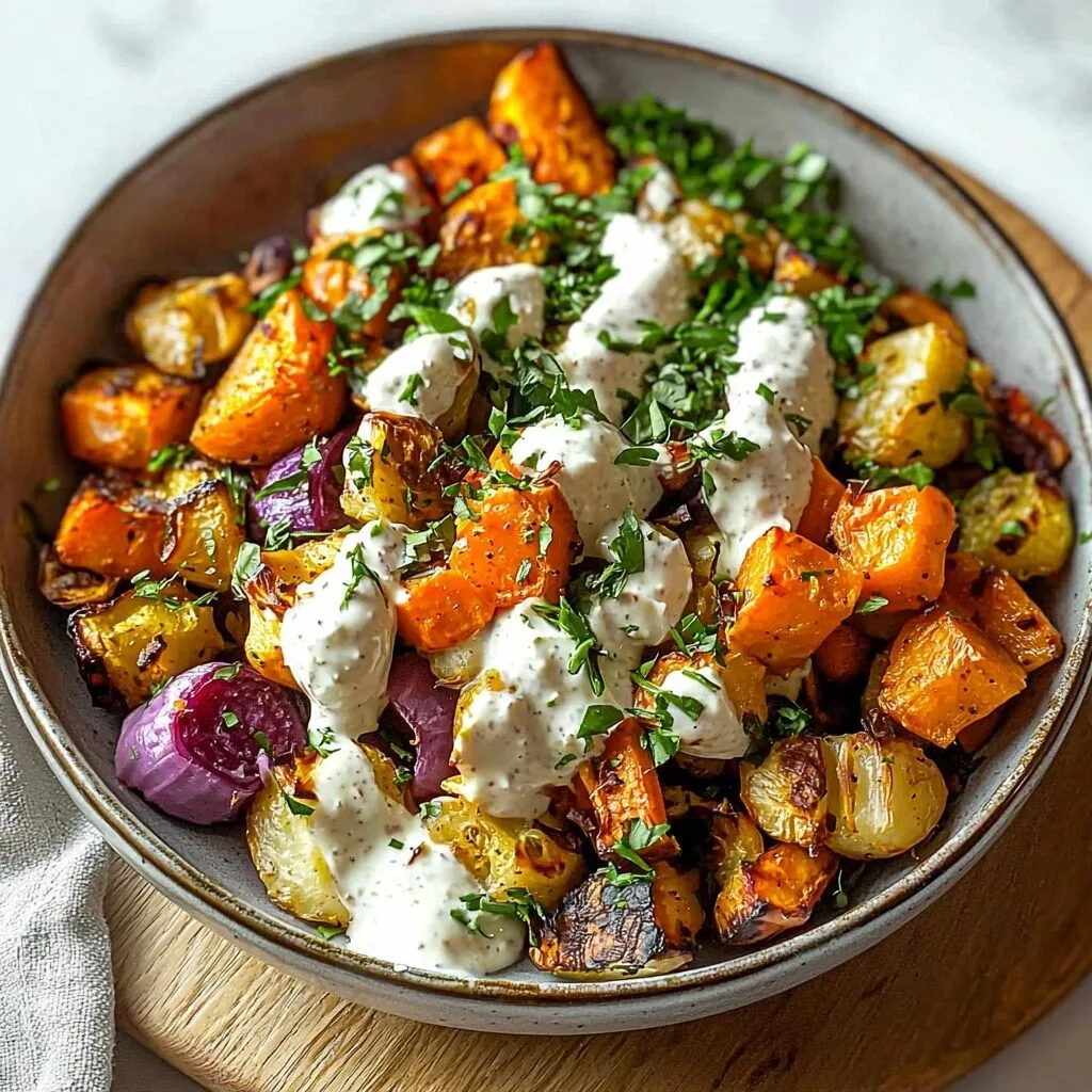 Glow Bowl with Roasted Veggies and Tahini Yogurt Sauce