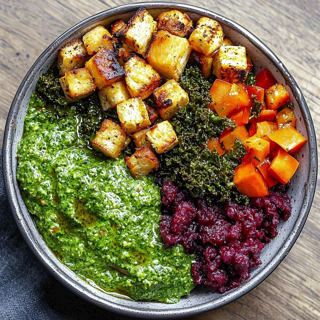 Fall Harvest Buddha Bowl With Kale Pesto Dressing