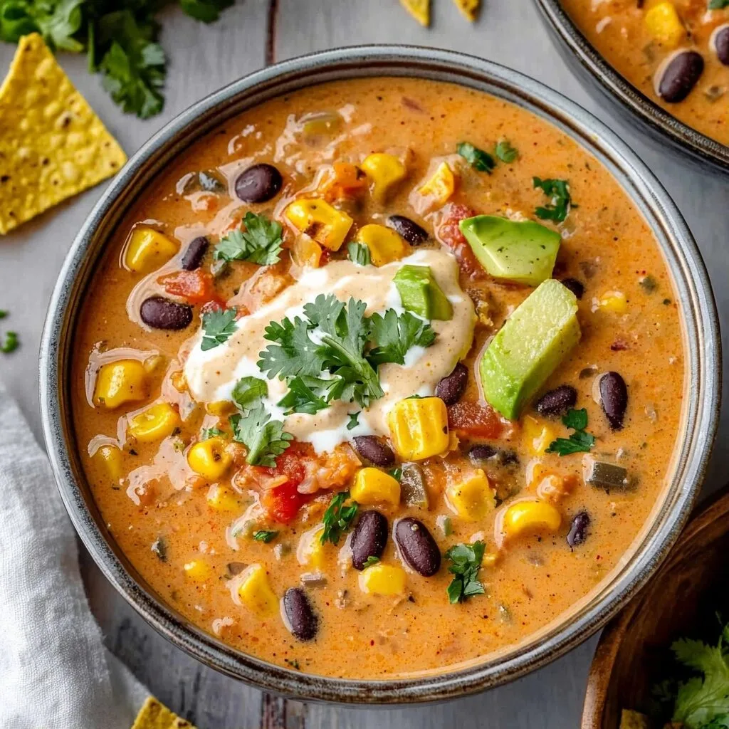 Creamy Taco Soup with Cilantro and Lime Crema