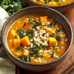 Pumpkin Sweet Potato Soup with Barley and Kale