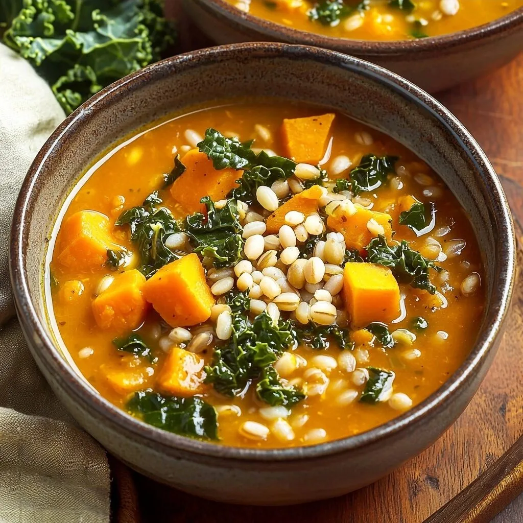 Pumpkin Sweet Potato Soup with Barley and Kale